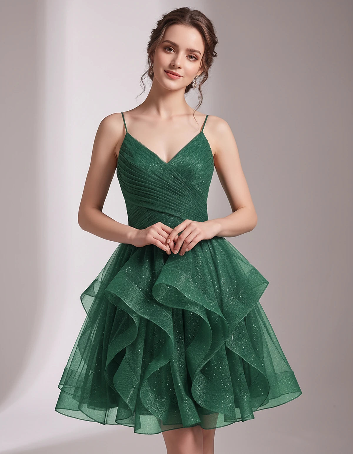 Glitter Tulle Satin Sleeveless V-Neck A-Line Mini Dress for Party, Prom, Cocktail, Evening, Summer & Wedding Guest Events | R