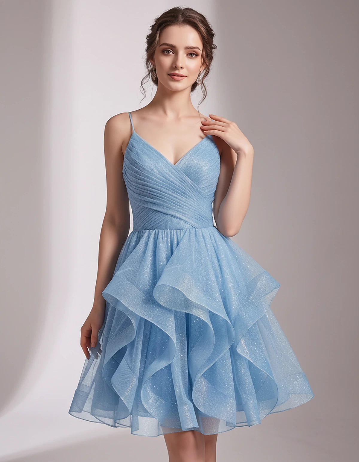 Glitter Tulle Satin Sleeveless V-Neck A-Line Mini Dress for Party, Prom, Cocktail, Evening, Summer & Wedding Guest Events | R