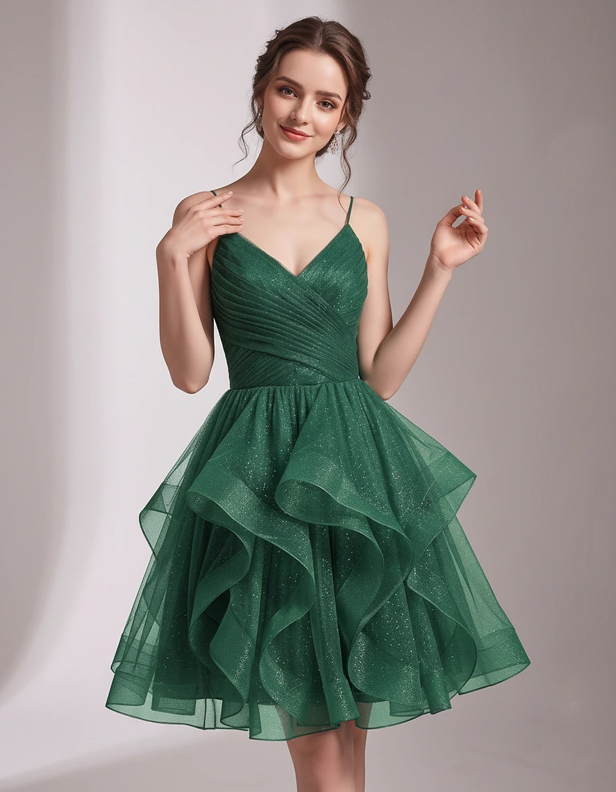 Glitter Tulle Satin Sleeveless V-Neck A-Line Mini Dress for Party, Prom, Cocktail, Evening, Summer & Wedding Guest Events | R