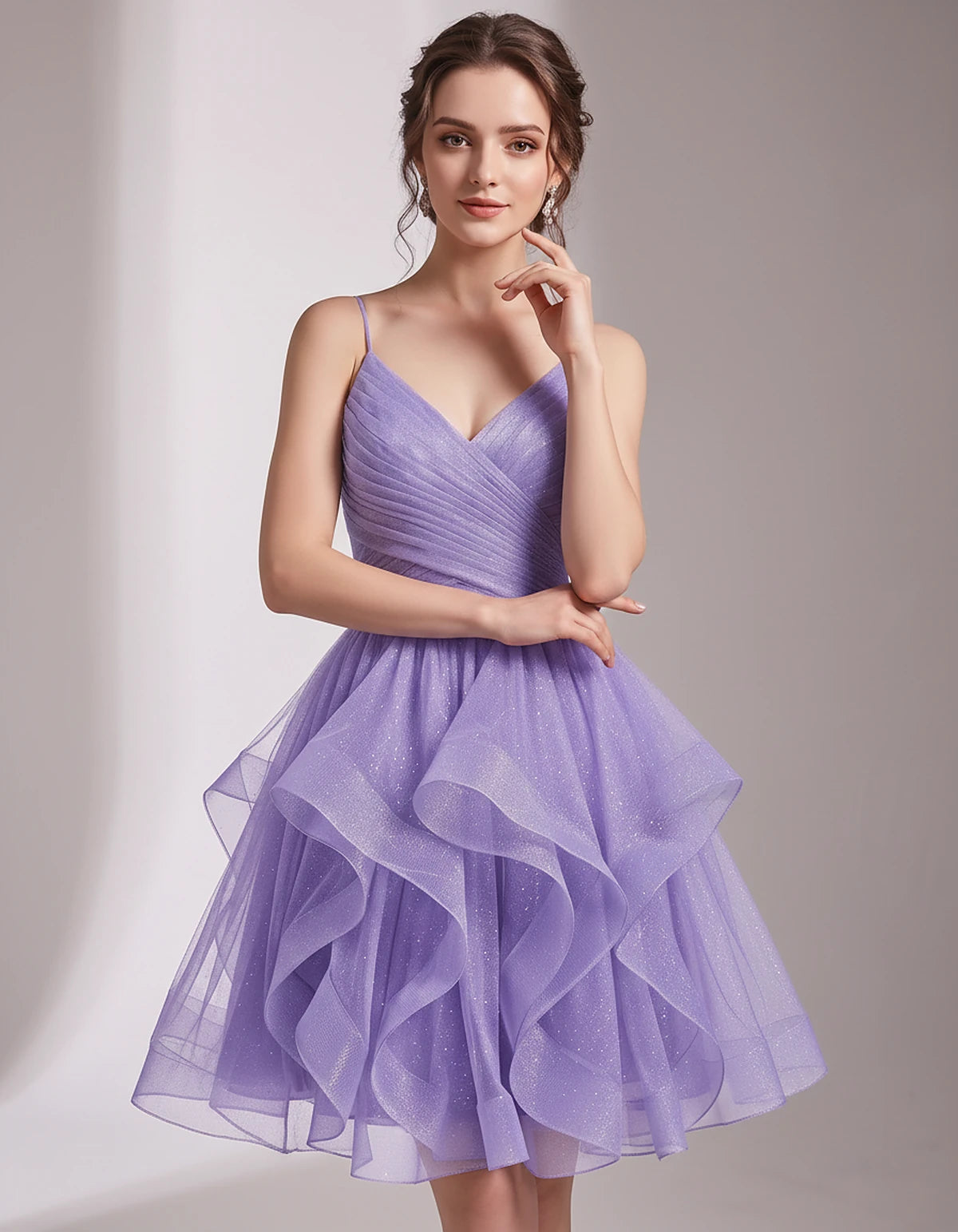 Glitter Tulle Satin Sleeveless V-Neck A-Line Mini Dress for Party, Prom, Cocktail, Evening, Summer & Wedding Guest Events | R