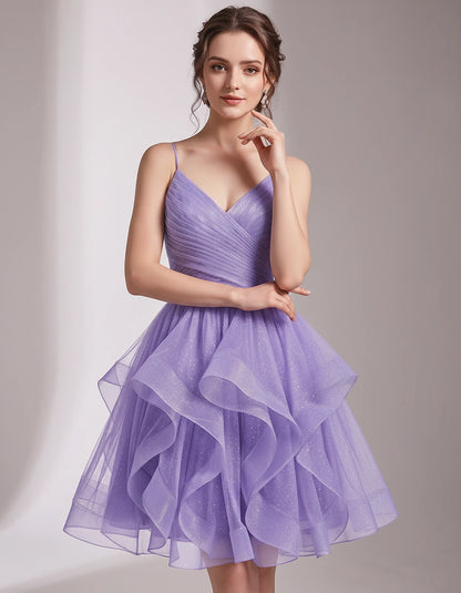 Glitter Tulle Satin Sleeveless V-Neck A-Line Mini Dress for Party, Prom, Cocktail, Evening, Summer & Wedding Guest Events | R