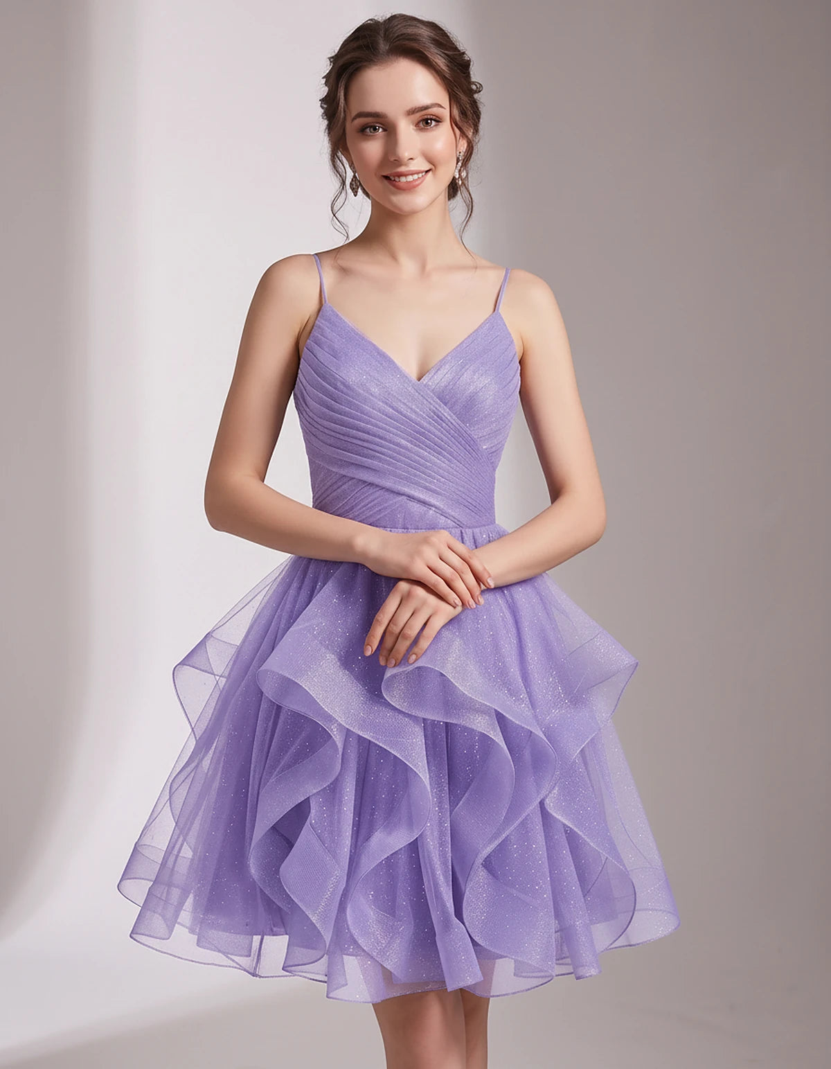 Glitter Tulle Satin Sleeveless V-Neck A-Line Mini Dress for Party, Prom, Cocktail, Evening, Summer & Wedding Guest Events | R