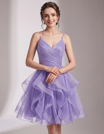 Glitter Tulle Satin Sleeveless V-Neck A-Line Mini Dress for Party, Prom, Cocktail, Evening, Summer & Wedding Guest Events | R