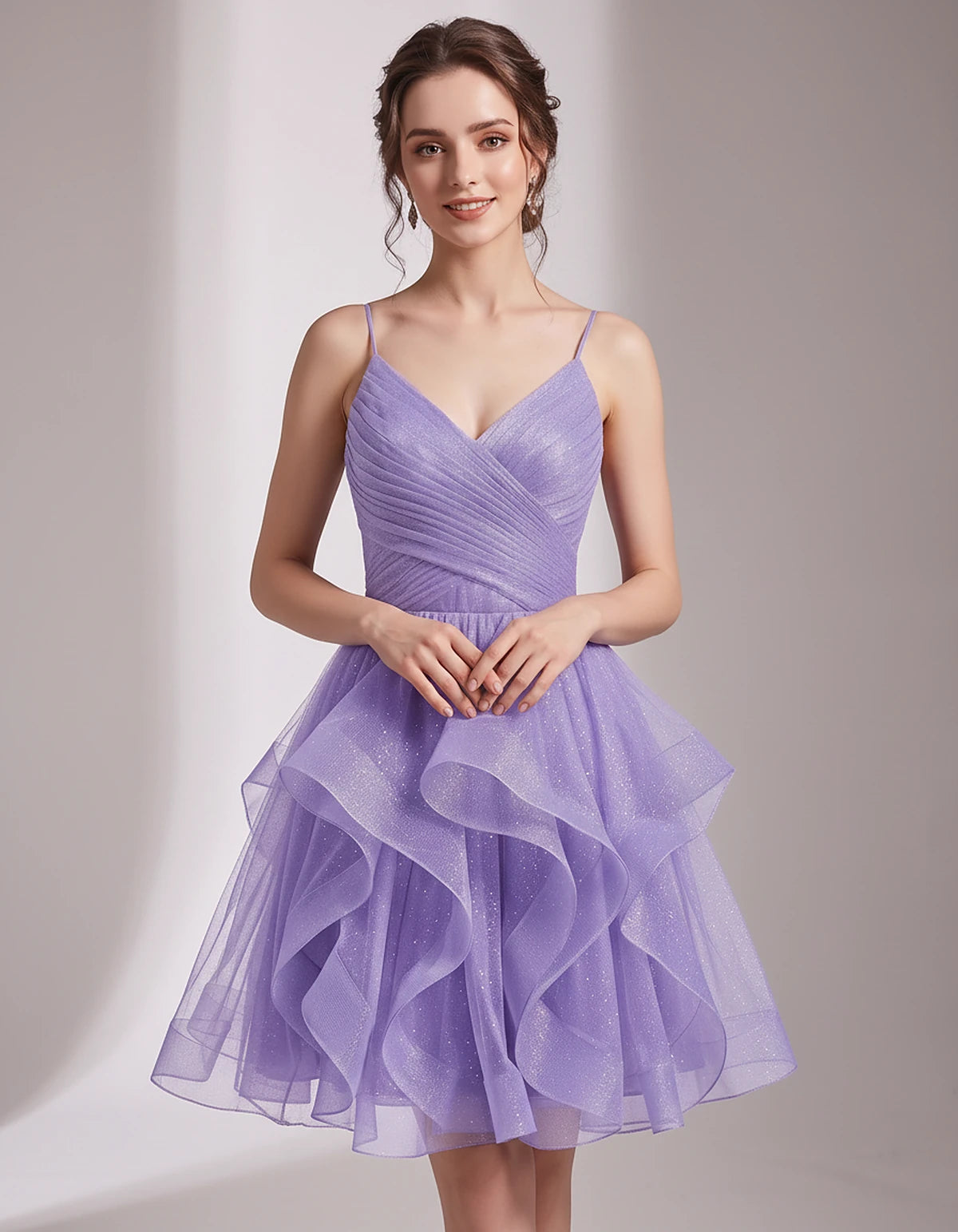 Glitter Tulle Satin Sleeveless V-Neck A-Line Mini Dress for Party, Prom, Cocktail, Evening, Summer & Wedding Guest Events | R