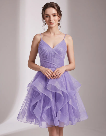 Glitter Tulle Satin Sleeveless V-Neck A-Line Mini Dress for Party, Prom, Cocktail, Evening, Summer & Wedding Guest Events | R