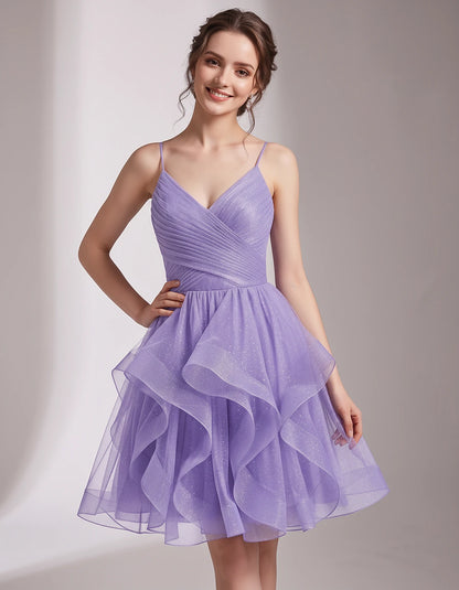 Glitter Tulle Satin Sleeveless V-Neck A-Line Mini Dress for Party, Prom, Cocktail, Evening, Summer & Wedding Guest Events | R