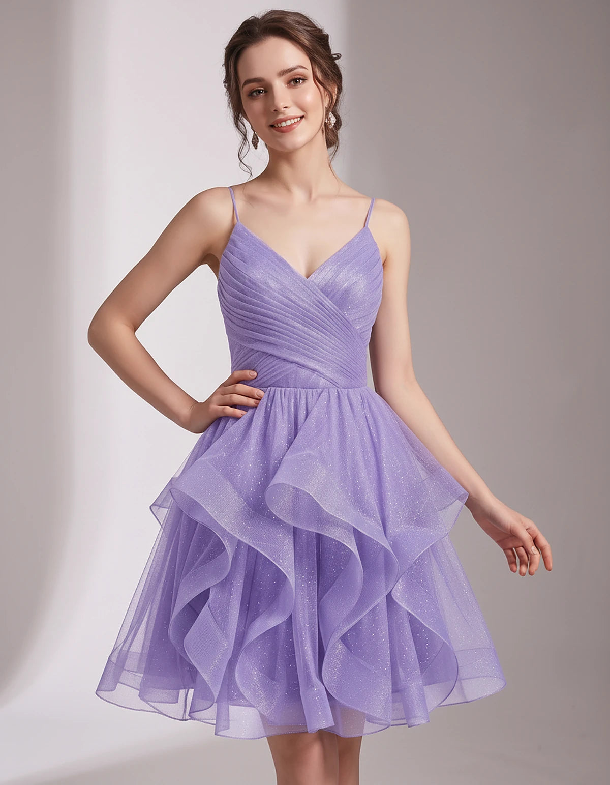 Glitter Tulle Satin Sleeveless V-Neck A-Line Mini Dress for Party, Prom, Cocktail, Evening, Summer & Wedding Guest Events | R