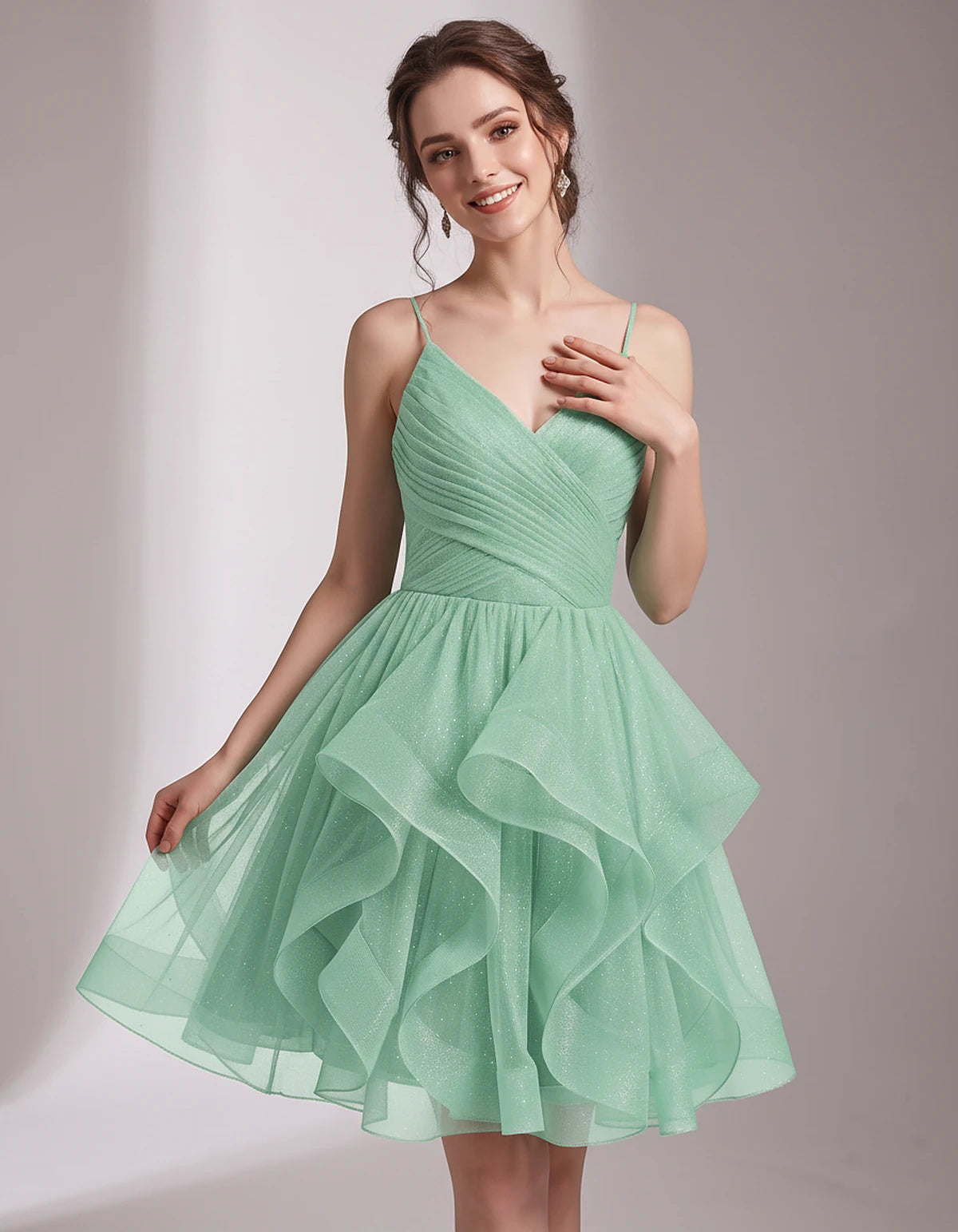 Glitter Tulle Satin Sleeveless V-Neck A-Line Mini Dress for Party, Prom, Cocktail, Evening, Summer & Wedding Guest Events | R