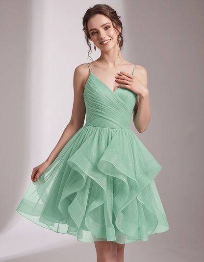 Glitter Tulle Satin Sleeveless V-Neck A-Line Mini Dress for Party, Prom, Cocktail, Evening, Summer & Wedding Guest Events | R