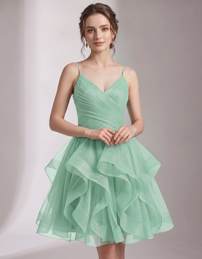 Glitter Tulle Satin Sleeveless V-Neck A-Line Mini Dress for Party, Prom, Cocktail, Evening, Summer & Wedding Guest Events | R