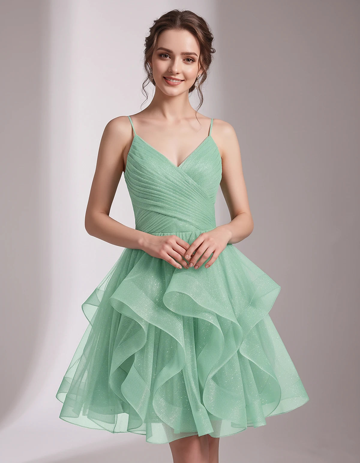 Glitter Tulle Satin Sleeveless V-Neck A-Line Mini Dress for Party, Prom, Cocktail, Evening, Summer & Wedding Guest Events | R
