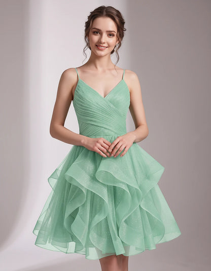 Glitter Tulle Satin Sleeveless V-Neck A-Line Mini Dress for Party, Prom, Cocktail, Evening, Summer & Wedding Guest Events | R