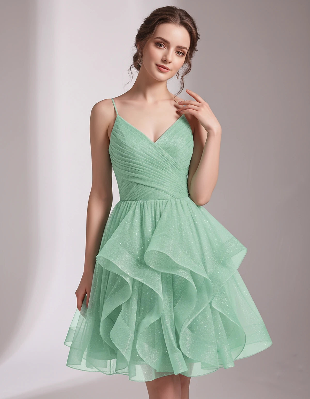 Glitter Tulle Satin Sleeveless V-Neck A-Line Mini Dress for Party, Prom, Cocktail, Evening, Summer & Wedding Guest Events | R