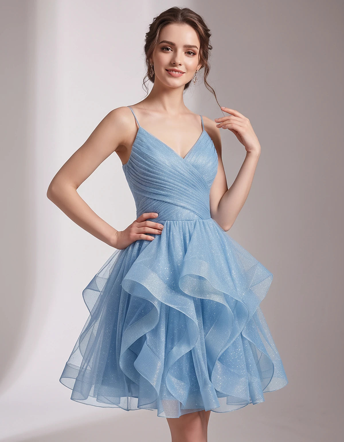Glitter Tulle Satin Sleeveless V-Neck A-Line Mini Dress for Party, Prom, Cocktail, Evening, Summer & Wedding Guest Events | R