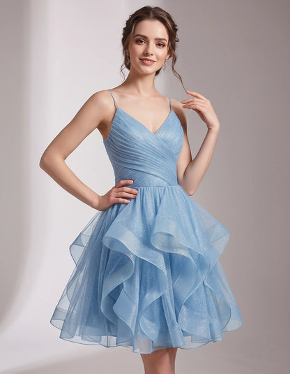 Glitter Tulle Satin Sleeveless V-Neck A-Line Mini Dress for Party, Prom, Cocktail, Evening, Summer & Wedding Guest Events | R