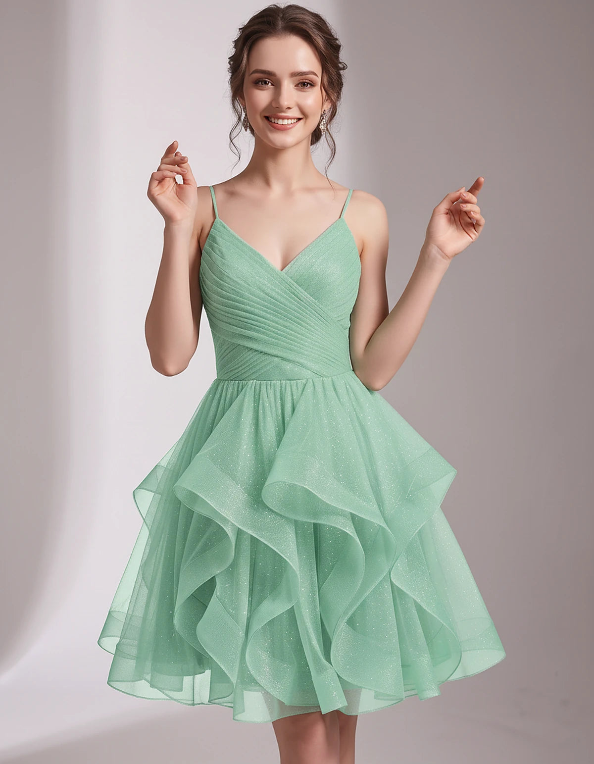 Glitter Tulle Satin Sleeveless V-Neck A-Line Mini Dress for Party, Prom, Cocktail, Evening, Summer & Wedding Guest Events | R