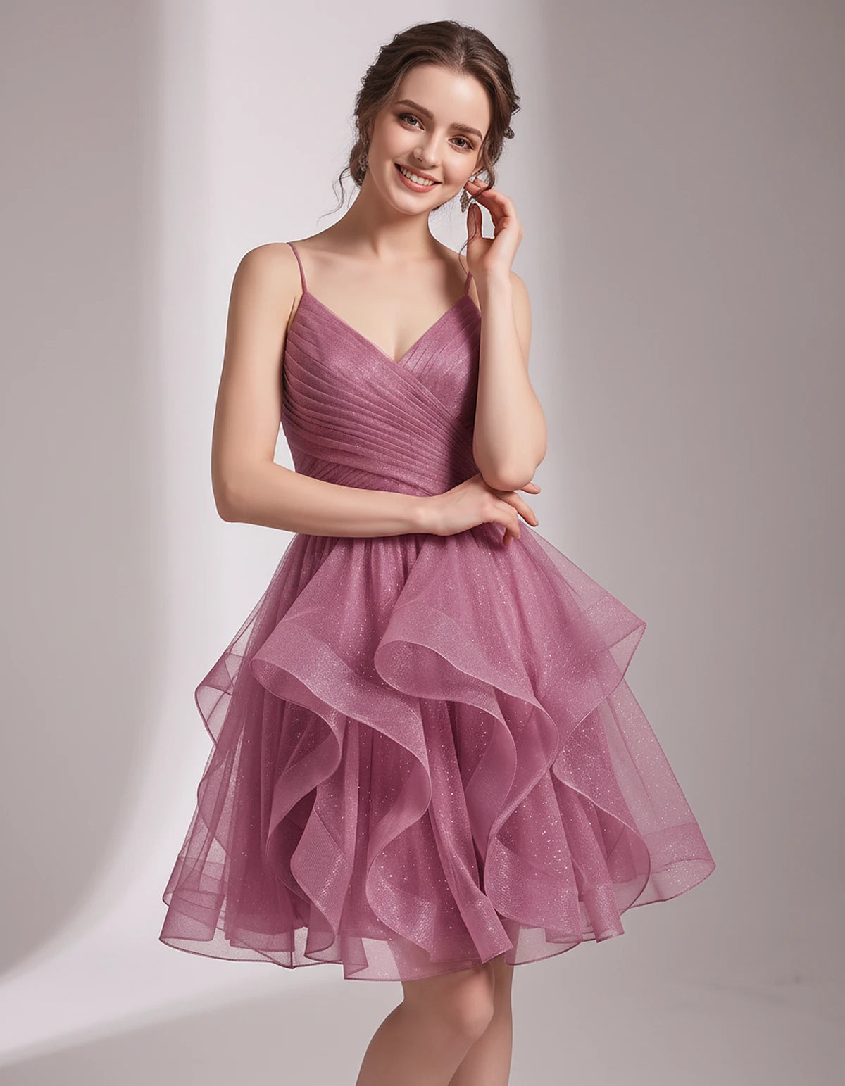 Glitter Tulle Satin Sleeveless V-Neck A-Line Mini Dress for Party, Prom, Cocktail, Evening, Summer & Wedding Guest Events | R