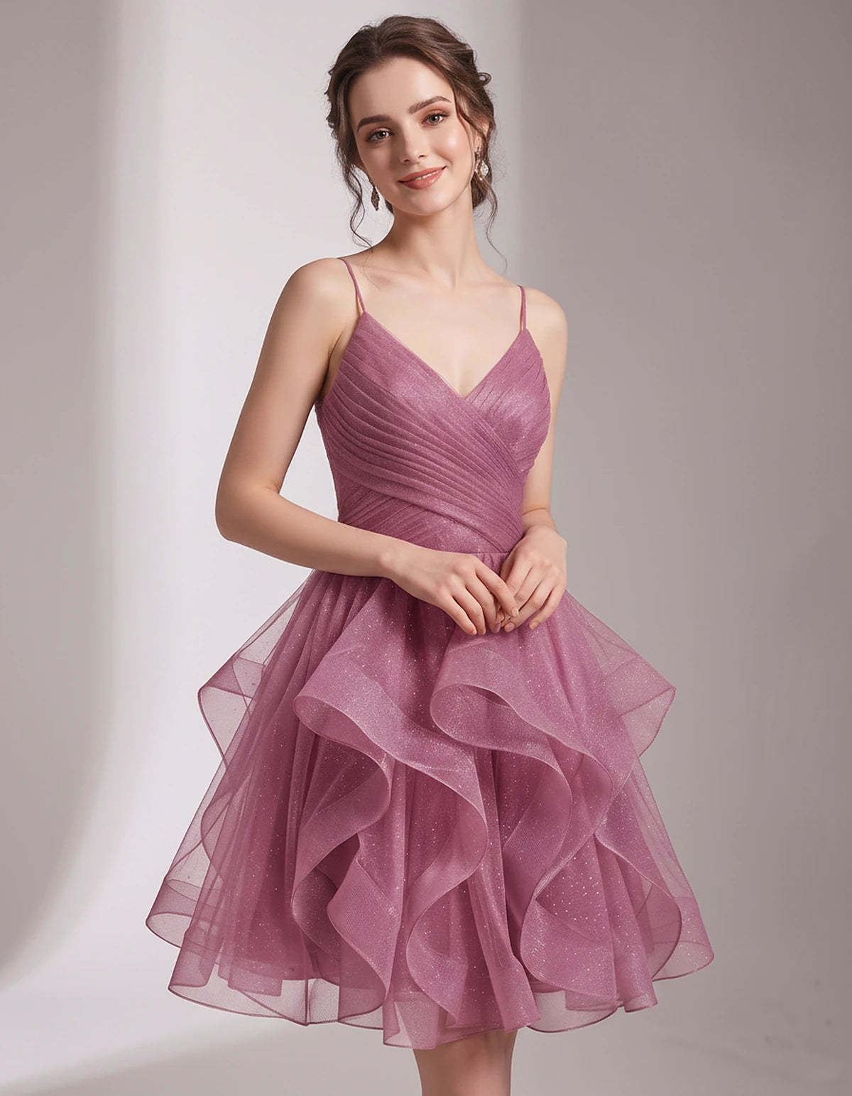 Glitter Tulle Satin Sleeveless V-Neck A-Line Mini Dress for Party, Prom, Cocktail, Evening, Summer & Wedding Guest Events | R