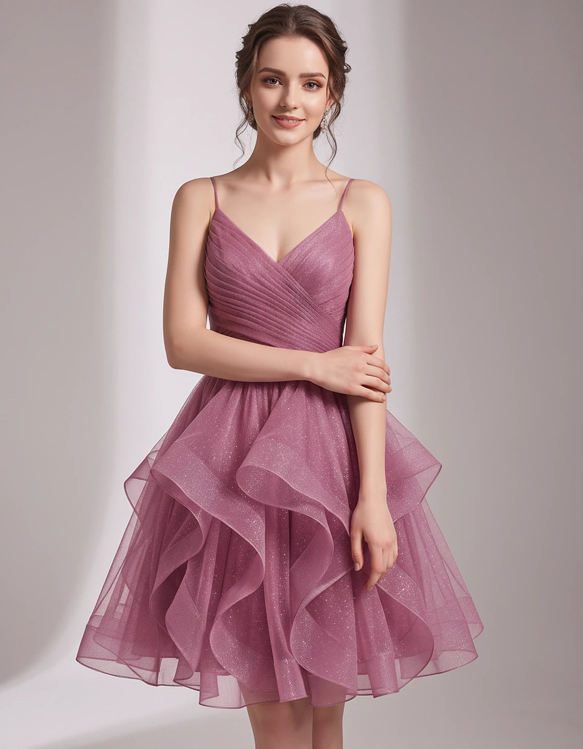 Glitter Tulle Satin Sleeveless V-Neck A-Line Mini Dress for Party, Prom, Cocktail, Evening, Summer & Wedding Guest Events | R