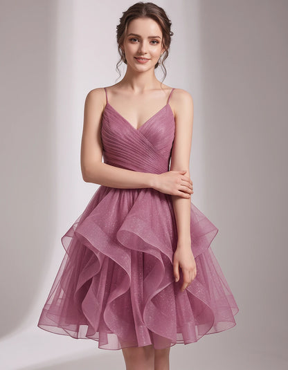 Glitter Tulle Satin Sleeveless V-Neck A-Line Mini Dress for Party, Prom, Cocktail, Evening, Summer & Wedding Guest Events | R