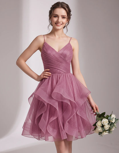 Glitter Tulle Satin Sleeveless V-Neck A-Line Mini Dress for Party, Prom, Cocktail, Evening, Summer & Wedding Guest Events | R