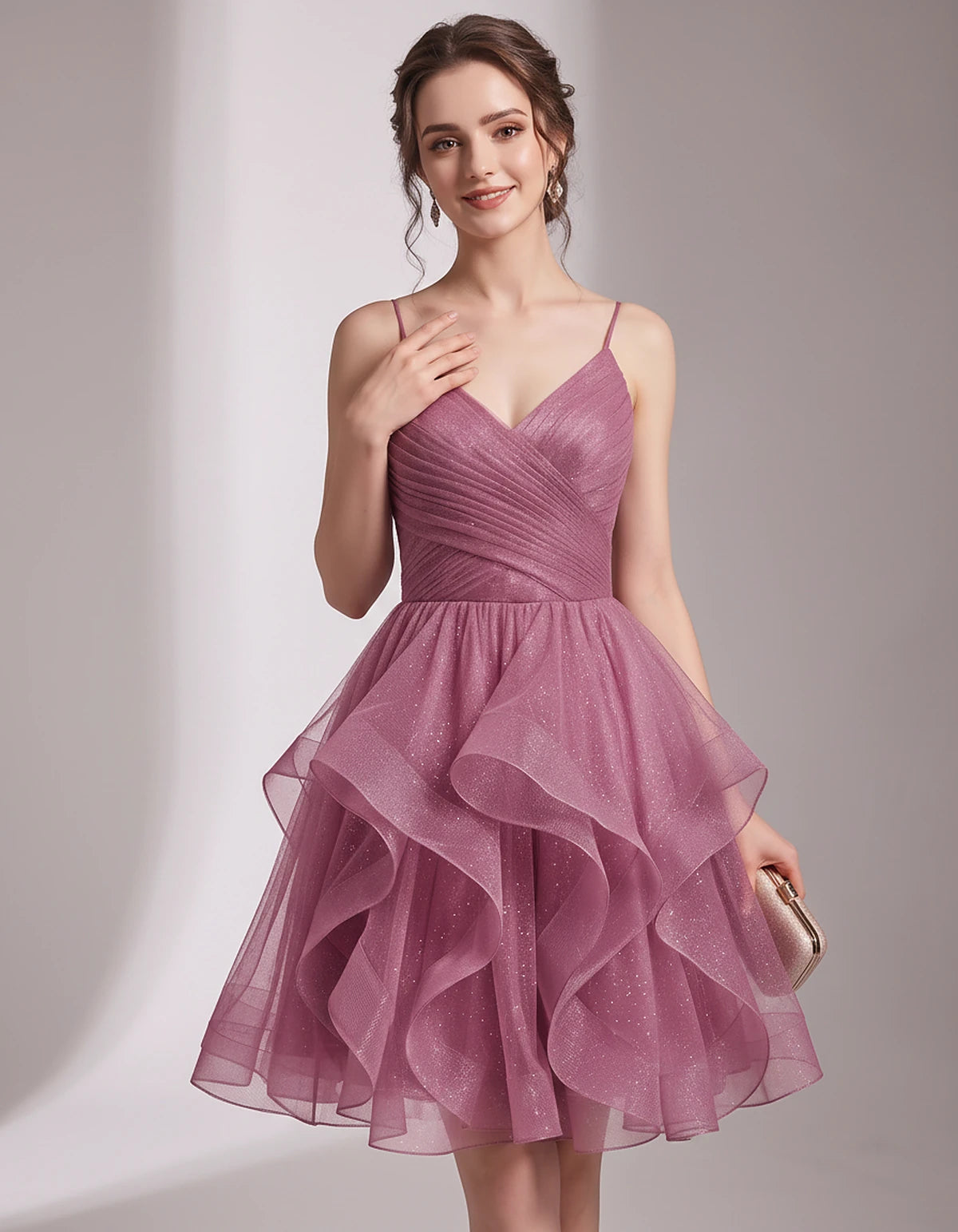 Glitter Tulle Satin Sleeveless V-Neck A-Line Mini Dress for Party, Prom, Cocktail, Evening, Summer & Wedding Guest Events | R