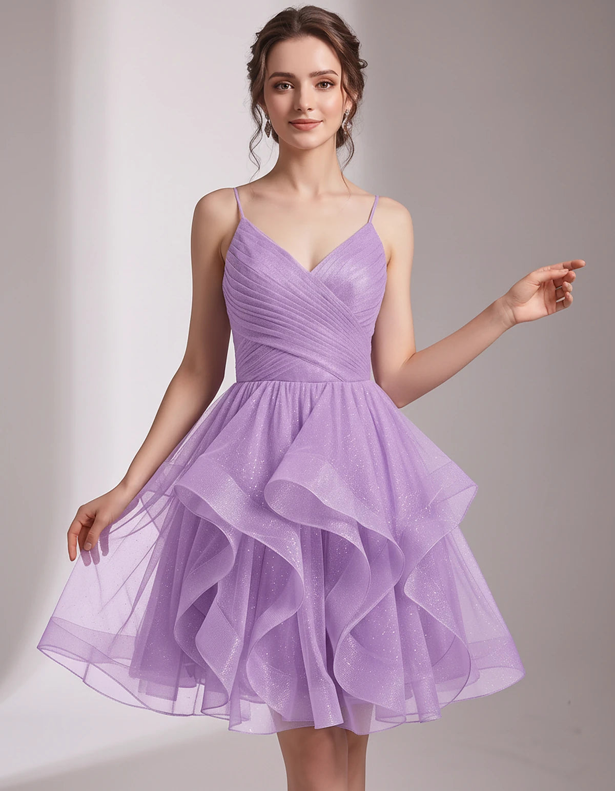 Glitter Tulle Satin Sleeveless V-Neck A-Line Mini Dress for Party, Prom, Cocktail, Evening, Summer & Wedding Guest Events | R