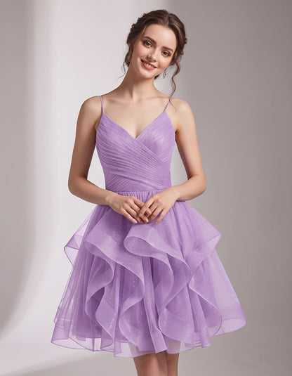 Glitter Tulle Satin Sleeveless V-Neck A-Line Mini Dress for Party, Prom, Cocktail, Evening, Summer & Wedding Guest Events | R