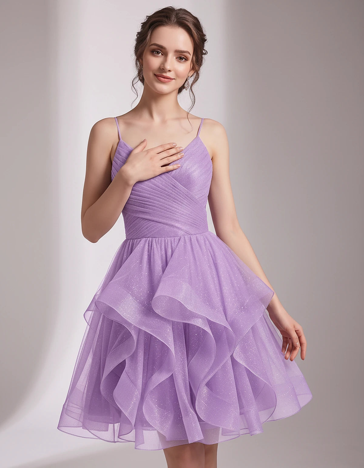Glitter Tulle Satin Sleeveless V-Neck A-Line Mini Dress for Party, Prom, Cocktail, Evening, Summer & Wedding Guest Events | R