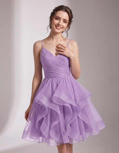 Glitter Tulle Satin Sleeveless V-Neck A-Line Mini Dress for Party, Prom, Cocktail, Evening, Summer & Wedding Guest Events | R