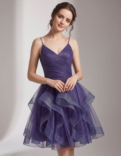 Glitter Tulle Satin Sleeveless V-Neck A-Line Mini Dress for Party, Prom, Cocktail, Evening, Summer & Wedding Guest Events | R