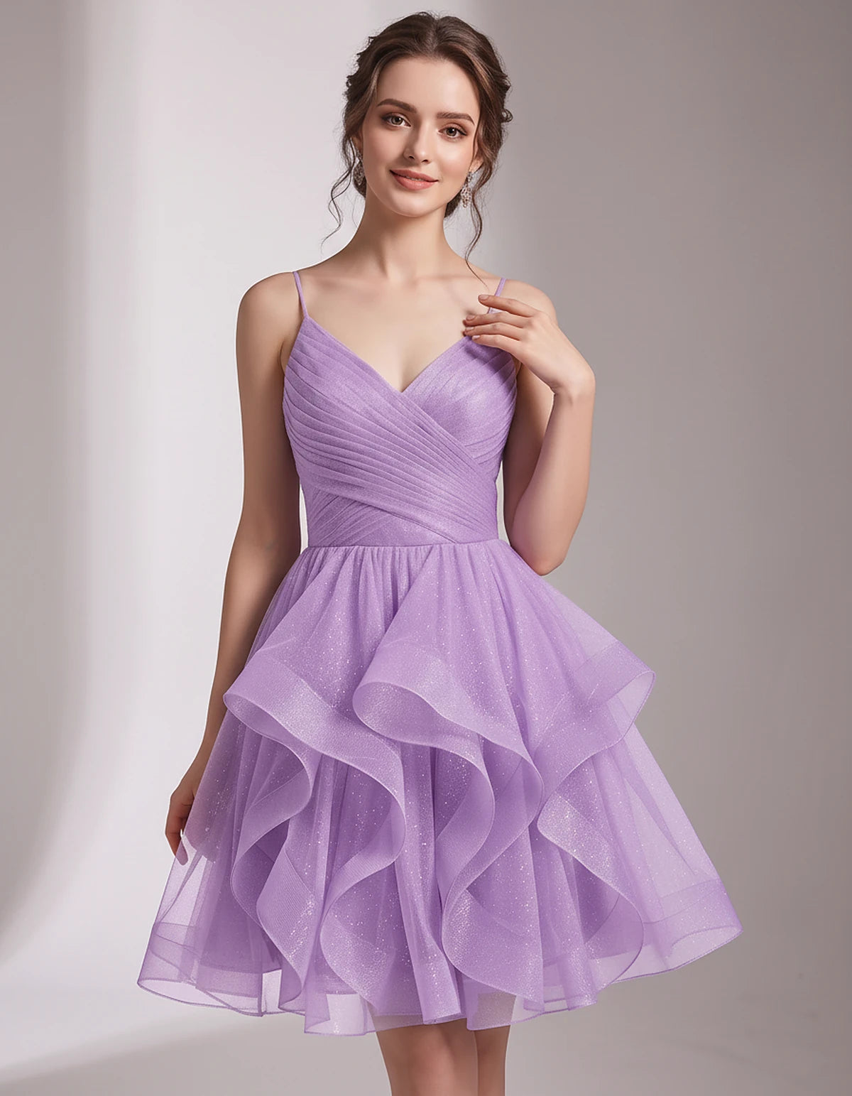 Glitter Tulle Satin Sleeveless V-Neck A-Line Mini Dress for Party, Prom, Cocktail, Evening, Summer & Wedding Guest Events | R