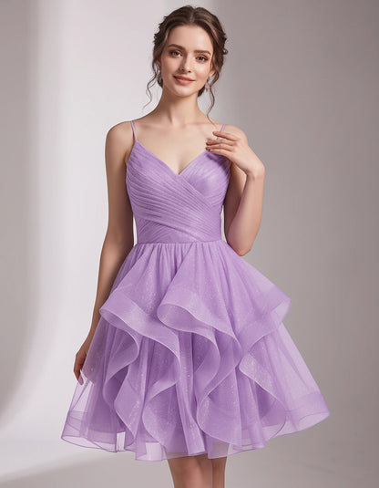Glitter Tulle Satin Sleeveless V-Neck A-Line Mini Dress for Party, Prom, Cocktail, Evening, Summer & Wedding Guest Events | R