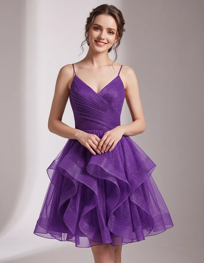Glitter Tulle Satin Sleeveless V-Neck A-Line Mini Dress for Party, Prom, Cocktail, Evening, Summer & Wedding Guest Events | R