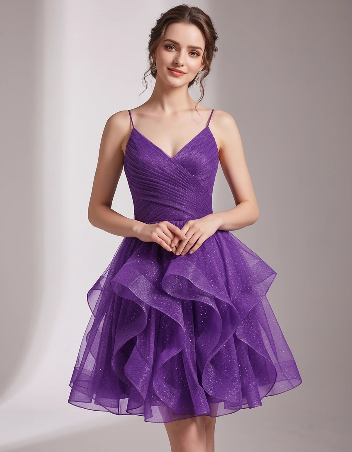 Glitter Tulle Satin Sleeveless V-Neck A-Line Mini Dress for Party, Prom, Cocktail, Evening, Summer & Wedding Guest Events | R