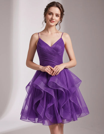 Glitter Tulle Satin Sleeveless V-Neck A-Line Mini Dress for Party, Prom, Cocktail, Evening, Summer & Wedding Guest Events | R