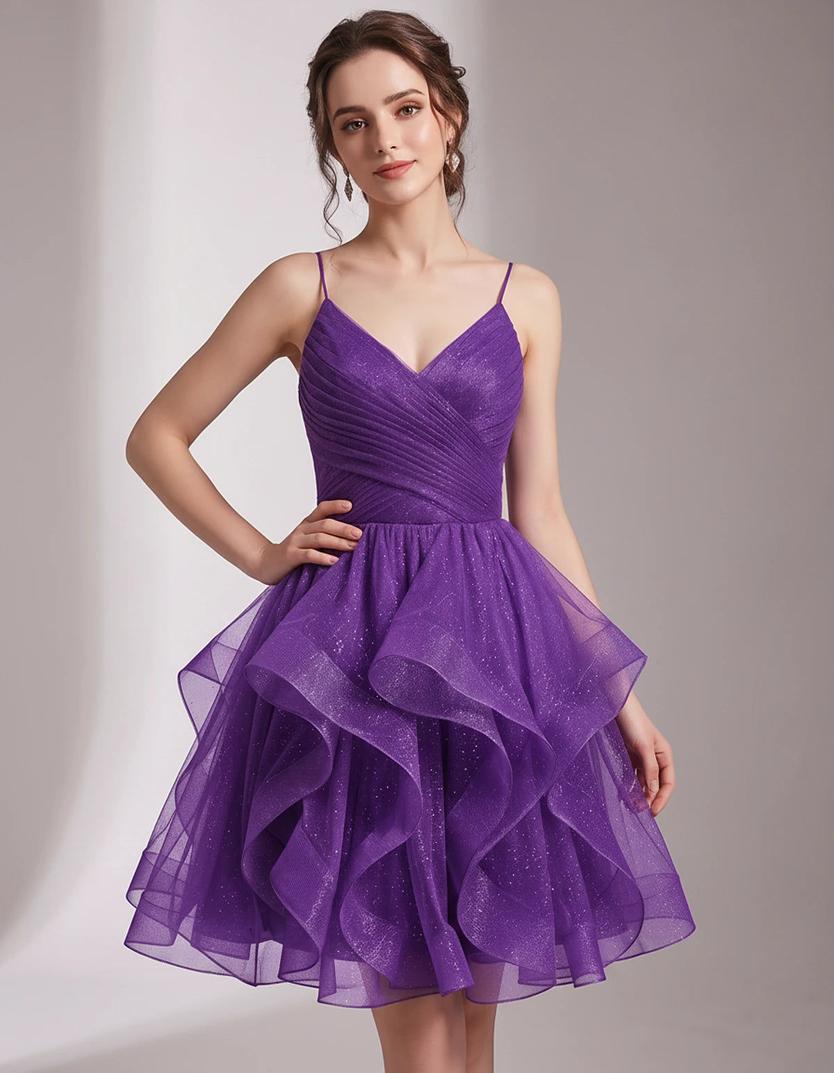 Glitter Tulle Satin Sleeveless V-Neck A-Line Mini Dress for Party, Prom, Cocktail, Evening, Summer & Wedding Guest Events | R