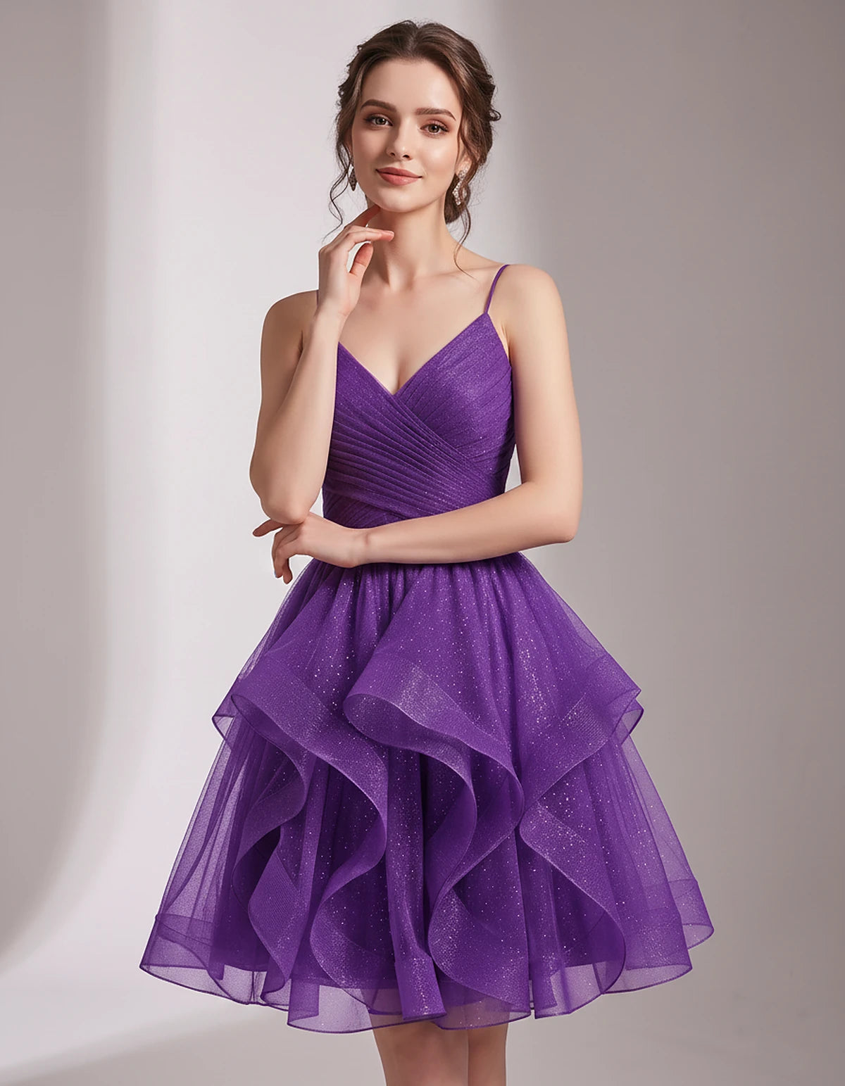 Glitter Tulle Satin Sleeveless V-Neck A-Line Mini Dress for Party, Prom, Cocktail, Evening, Summer & Wedding Guest Events | R