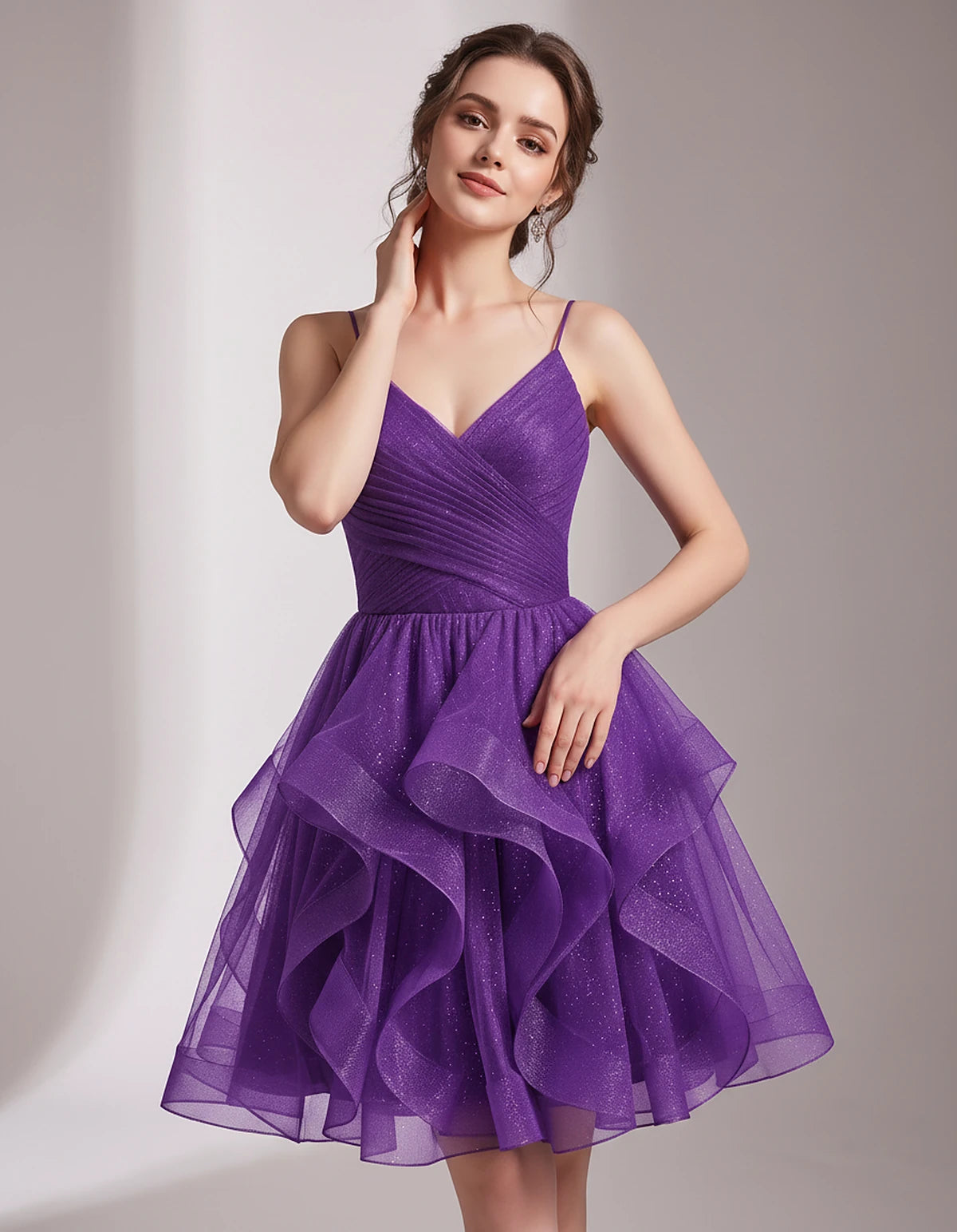 Glitter Tulle Satin Sleeveless V-Neck A-Line Mini Dress for Party, Prom, Cocktail, Evening, Summer & Wedding Guest Events | R
