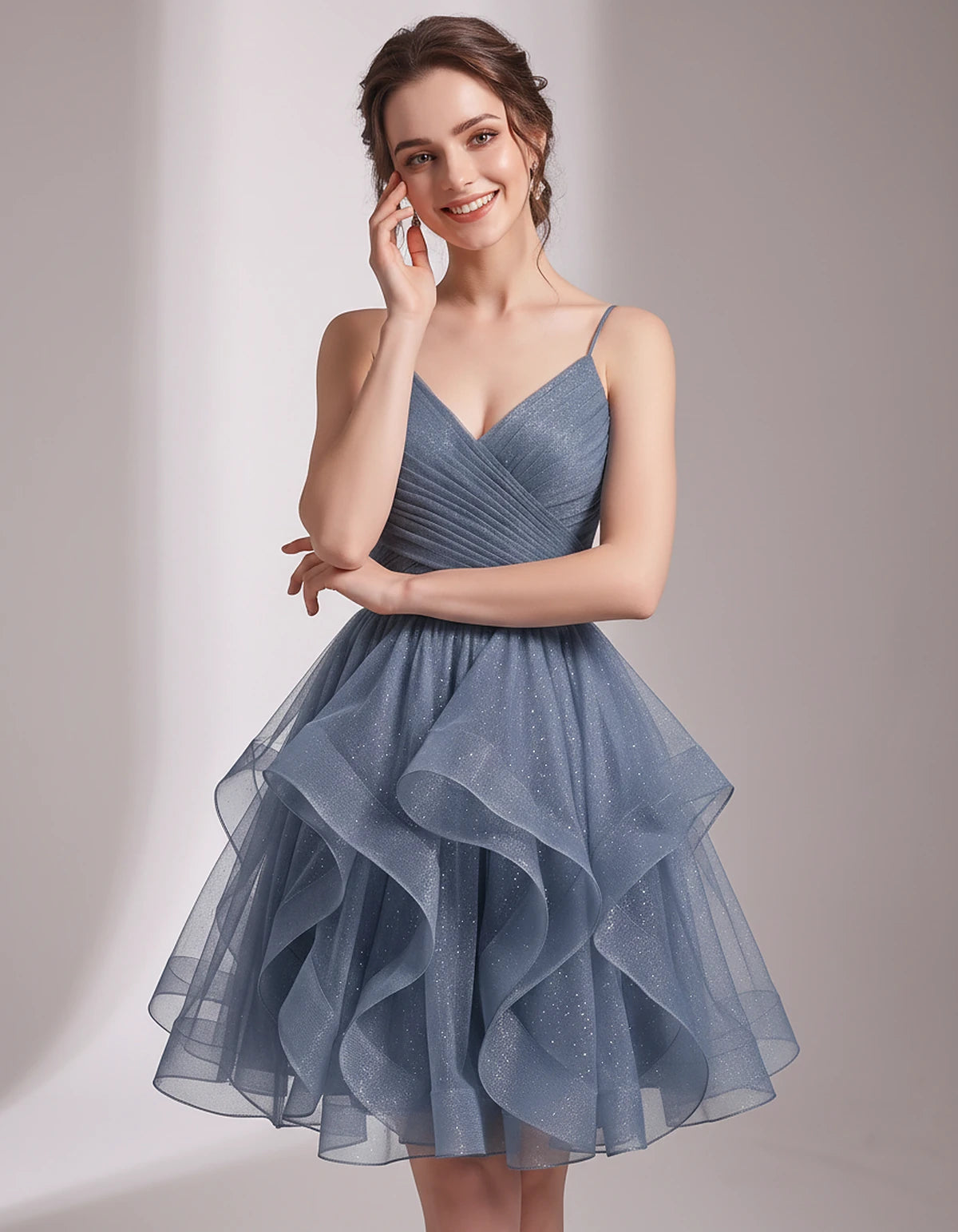 Glitter Tulle Satin Sleeveless V-Neck A-Line Mini Dress for Party, Prom, Cocktail, Evening, Summer & Wedding Guest Events | R