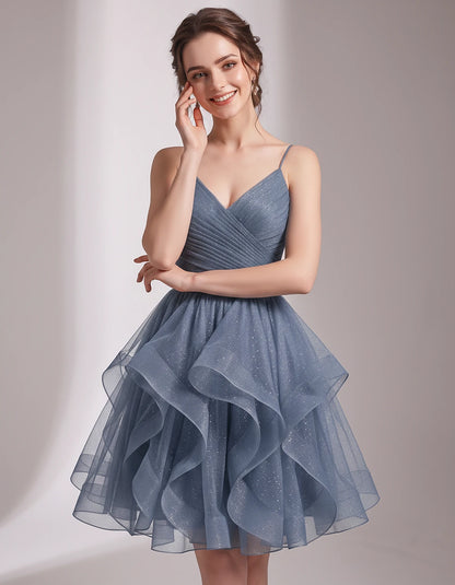 Glitter Tulle Satin Sleeveless V-Neck A-Line Mini Dress for Party, Prom, Cocktail, Evening, Summer & Wedding Guest Events | R