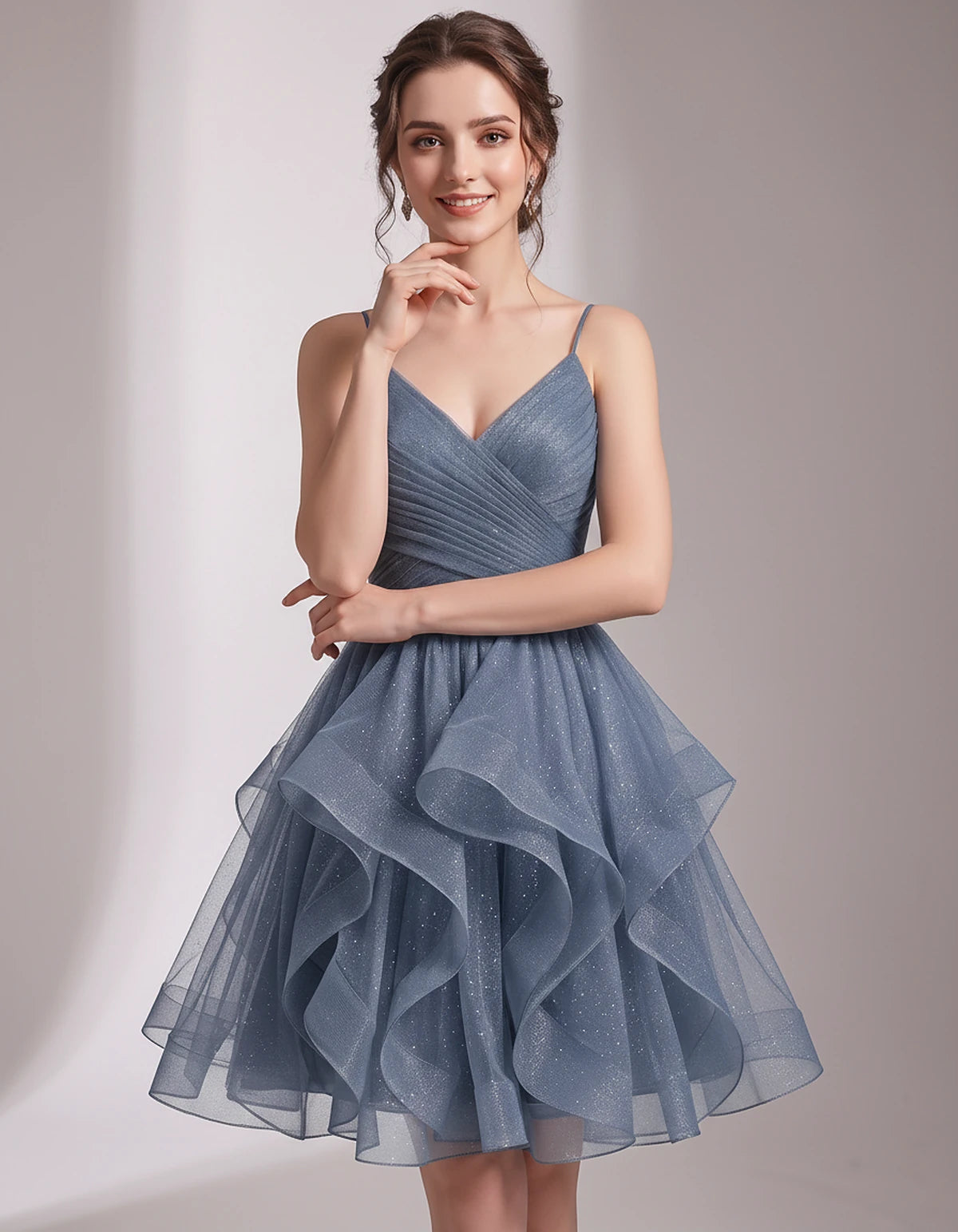 Glitter Tulle Satin Sleeveless V-Neck A-Line Mini Dress for Party, Prom, Cocktail, Evening, Summer & Wedding Guest Events | R