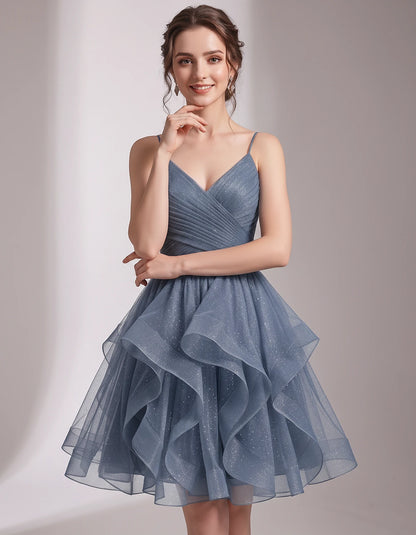 Glitter Tulle Satin Sleeveless V-Neck A-Line Mini Dress for Party, Prom, Cocktail, Evening, Summer & Wedding Guest Events | R