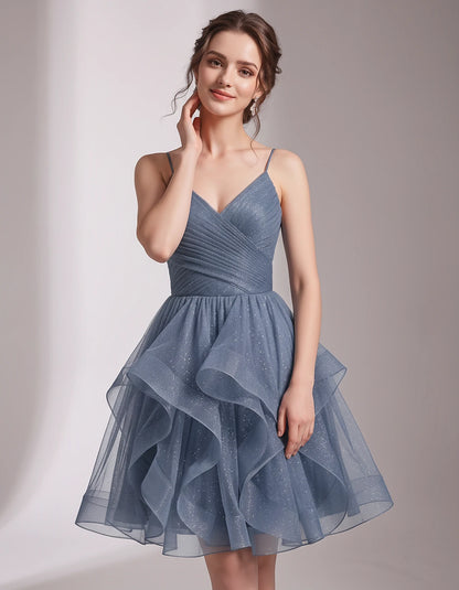 Glitter Tulle Satin Sleeveless V-Neck A-Line Mini Dress for Party, Prom, Cocktail, Evening, Summer & Wedding Guest Events | R