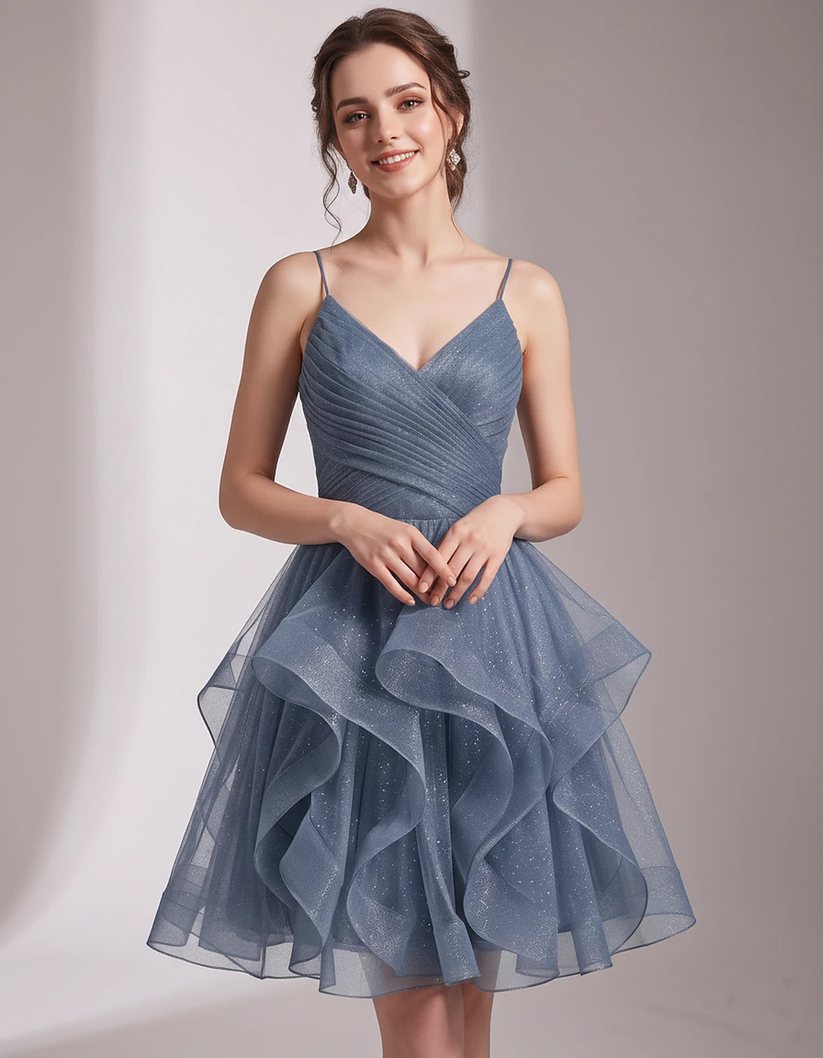Glitter Tulle Satin Sleeveless V-Neck A-Line Mini Dress for Party, Prom, Cocktail, Evening, Summer & Wedding Guest Events | R