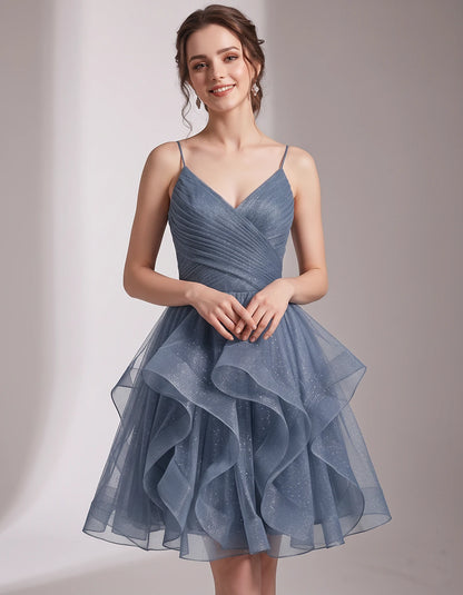 Glitter Tulle Satin Sleeveless V-Neck A-Line Mini Dress for Party, Prom, Cocktail, Evening, Summer & Wedding Guest Events | R