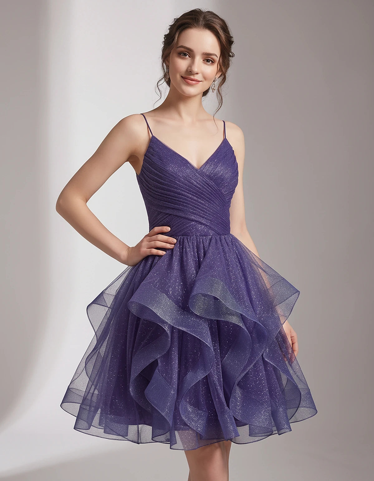 Glitter Tulle Satin Sleeveless V-Neck A-Line Mini Dress for Party, Prom, Cocktail, Evening, Summer & Wedding Guest Events | R