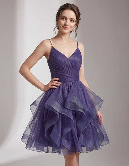 Glitter Tulle Satin Sleeveless V-Neck A-Line Mini Dress for Party, Prom, Cocktail, Evening, Summer & Wedding Guest Events | R
