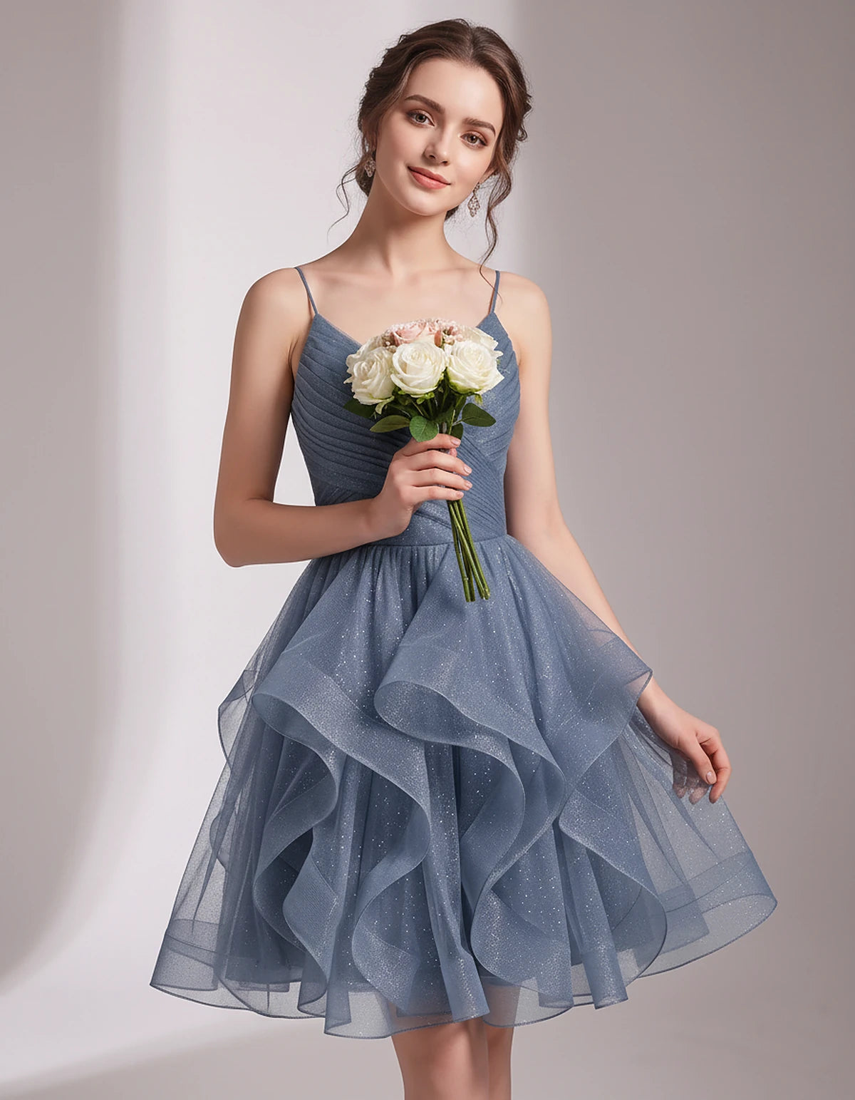 Glitter Tulle Satin Sleeveless V-Neck A-Line Mini Dress for Party, Prom, Cocktail, Evening, Summer & Wedding Guest Events | R