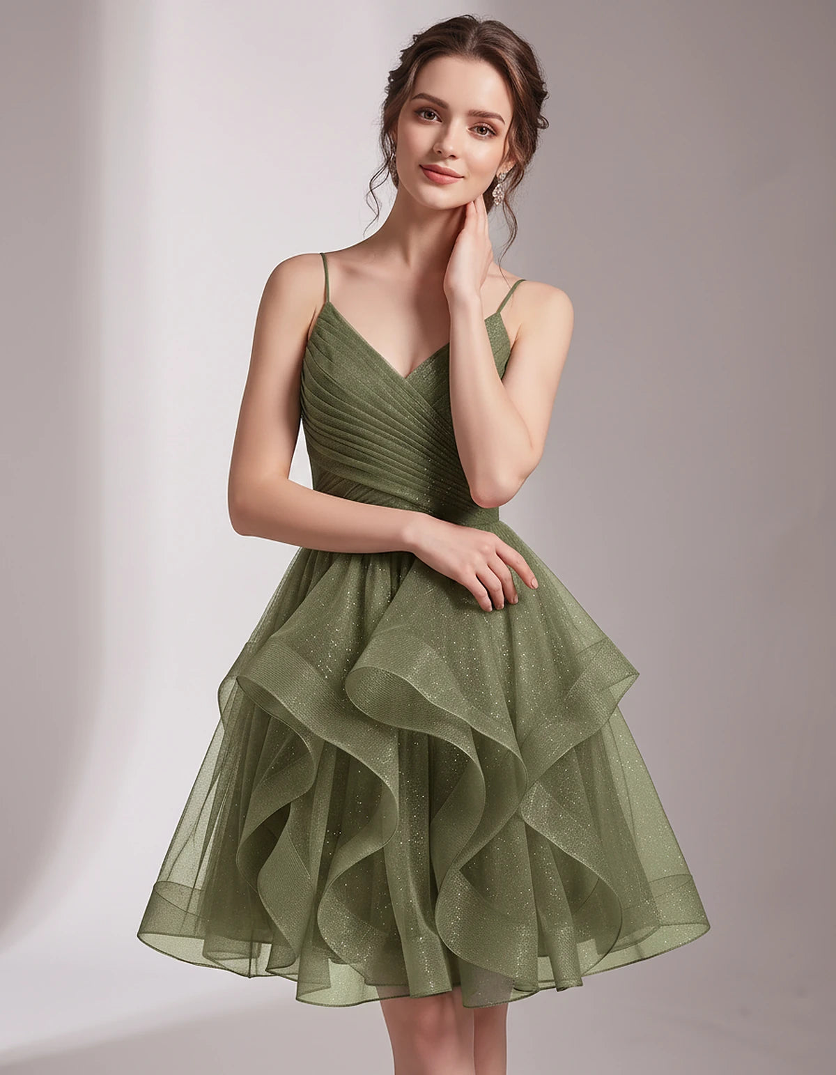 Glitter Tulle Satin Sleeveless V-Neck A-Line Mini Dress for Party, Prom, Cocktail, Evening, Summer & Wedding Guest Events | R